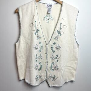 Vintage 90s Embroidered Sweater Vest Cardigan Medium Floral Cottage Crochet Trim